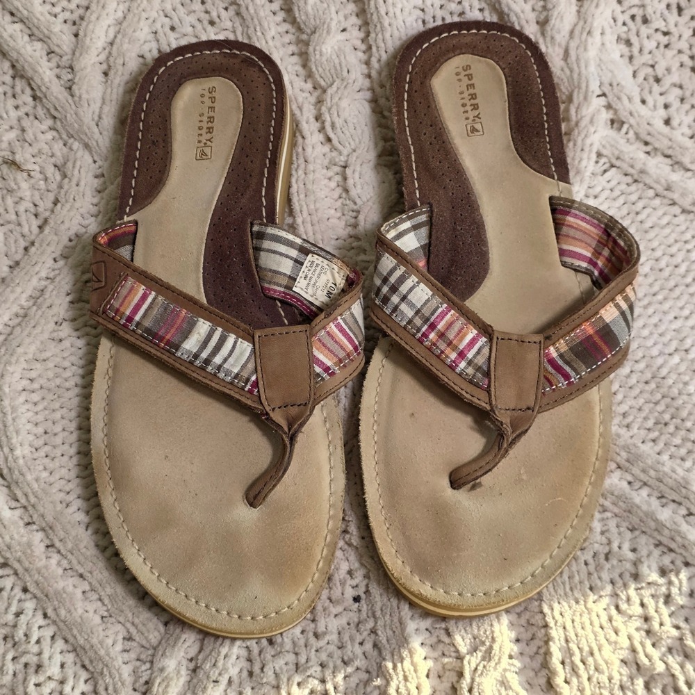 Sperry Top-Sider Thong Sandals Flip flops Brown Plaid‎ Leather Womens 10M Good